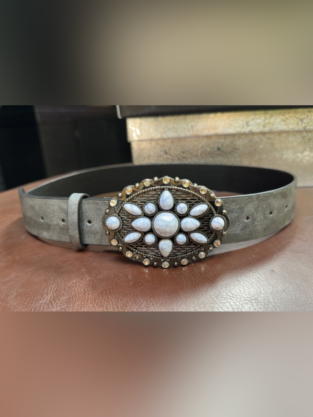 Suede Belt with Decorative White Stone Buckle